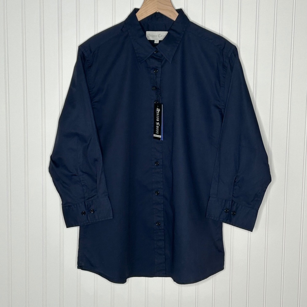 Silver Crest Women XL Navy Blue Button Down Shirt Classic Long Sleeve Top NWT